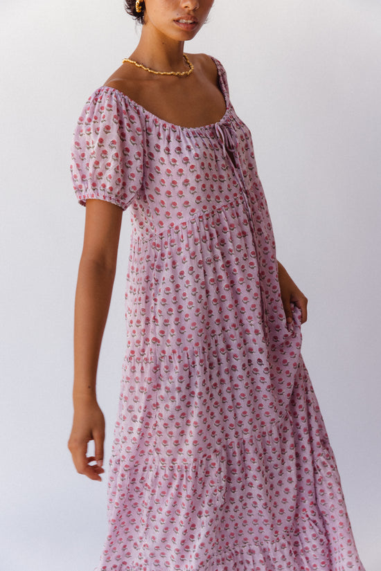 Sita Maxi Dress Violet — 3/4 profile studio view, tiered hem, hand block print cotton maxi | Daughters of India