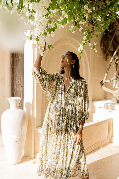 Daughters of India Kyra Midi Dress in Olive — reaching for bougainvillea by arched villa wall, hand screen print cotton
