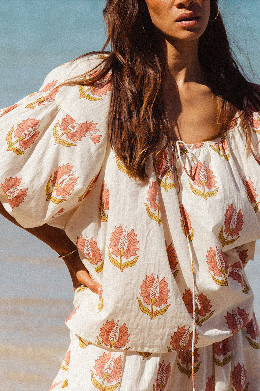 Ria Blouse Strawberry Cream — studio back view, blouse back and tie detail, strawberry cream block print cotton, artisan Jaipur India | Daughters of India