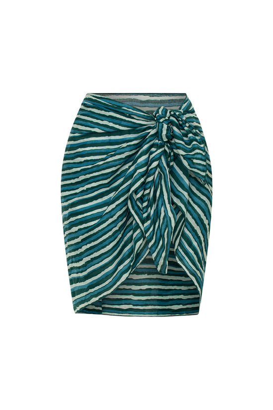 Ria Sarong Cyan Candy — studio side profile, three-quarter view, flowing wrap sarong silhouette, cyan candy hand block print cotton, artisan made Jaipur India | Daughters of India