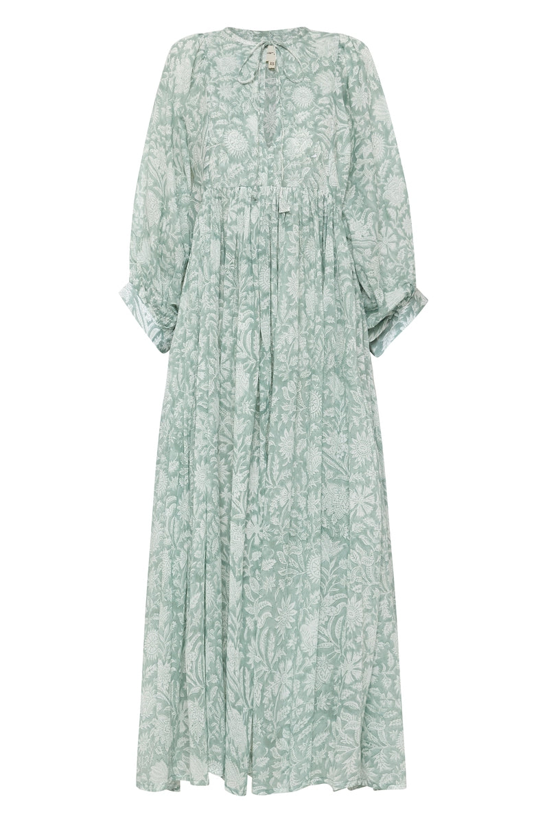 Kyra Midi Dress Jade — ghost mannequin product view, hand block print jade floral cotton midi | Daughters of India